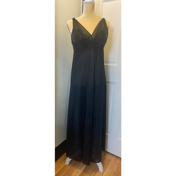 Vintage Van Raalte Nightgown Slip Dress Black Nylon 50s 60s - Size 38 - Picture 1 of 9
